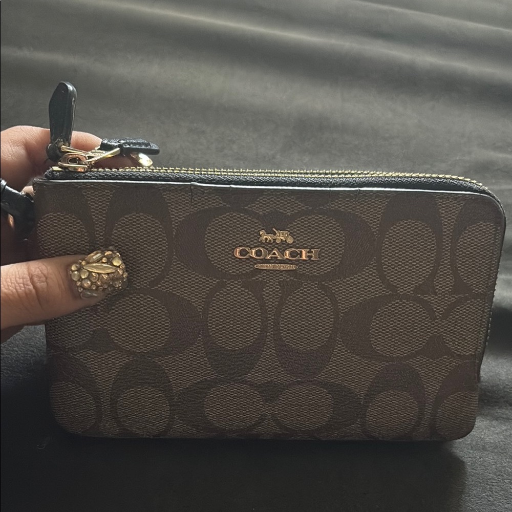 Coach Signature Brown Wristlet with Gold Details